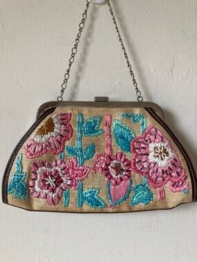 Rafe New York Floral Embroidered Beaded Raffia Clutch Small Bag